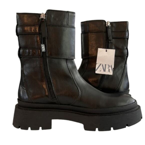Zara Buckled Moto Goth Streetwear Lug SOLE Contemporary Boots Size 37 US 6.5 - Picture 11 of 16